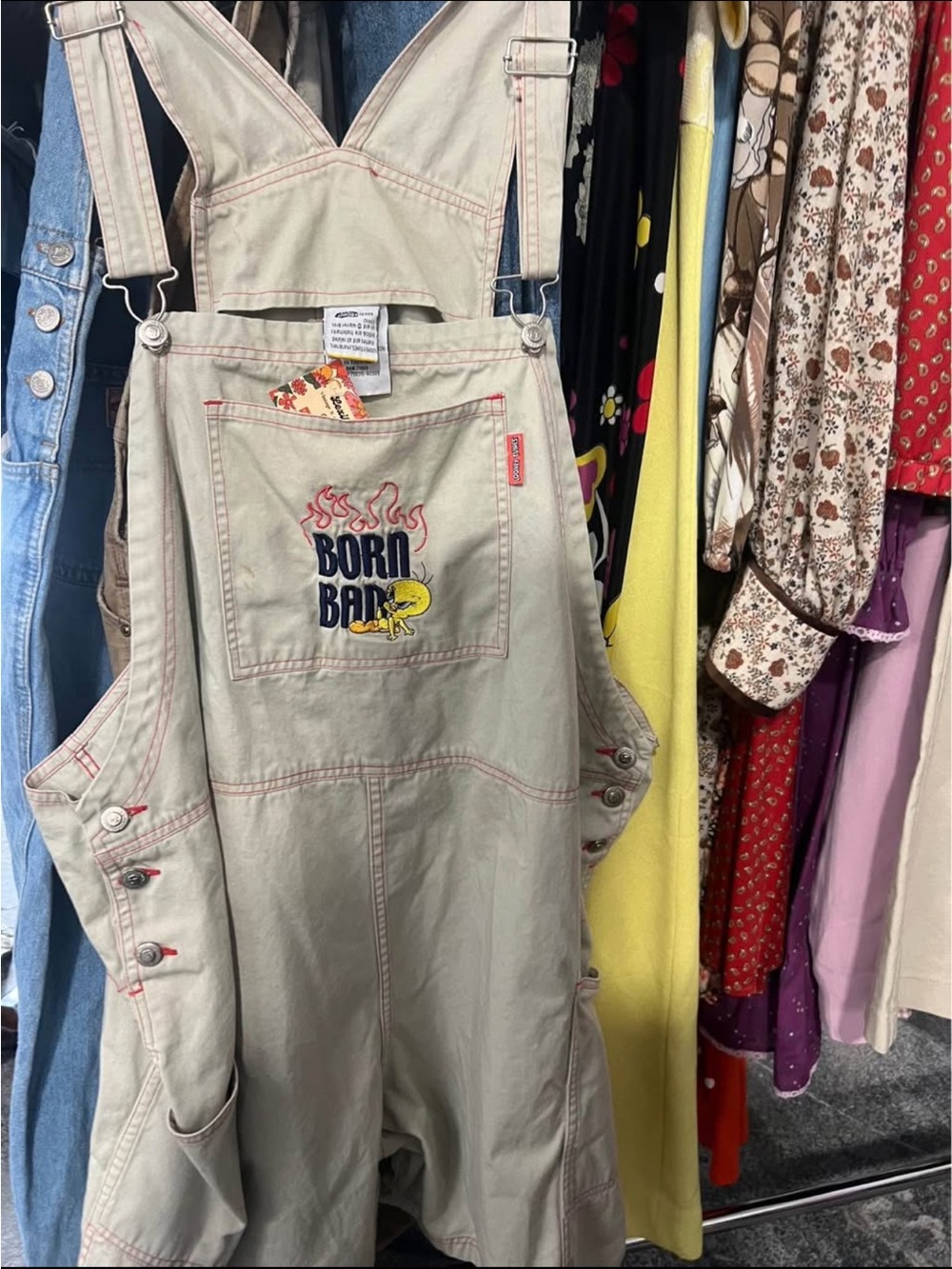 Born Bad Tweety Graphic Overall Shorts - Light Beige